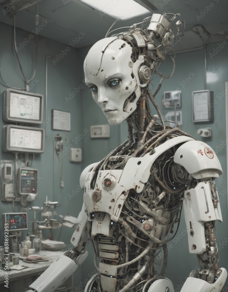 Fototapeta premium An android robot from the future is sitting in a repair room