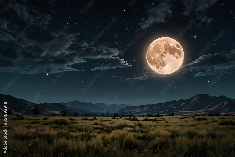 Fototapeta premium A large moon is in the sky above a mountain range