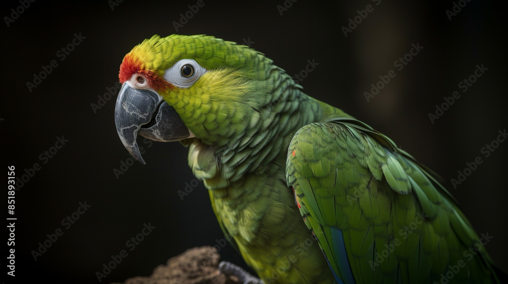 Obraz premium Amazon Parrot Perched on a Branch with a Dark Backdrop.