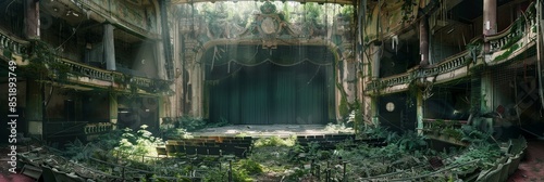 Abandoned city theatre debris with green plants growing. Post apocalypse scene.