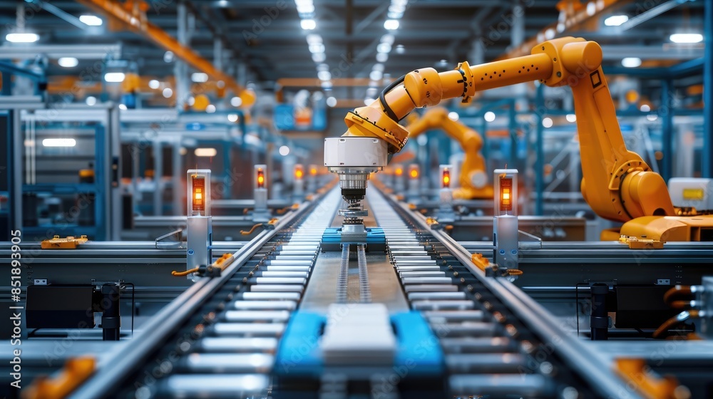 A robotic arm works on an assembly line in a modern factory A robotic arm works on an assembly line in a modern factory