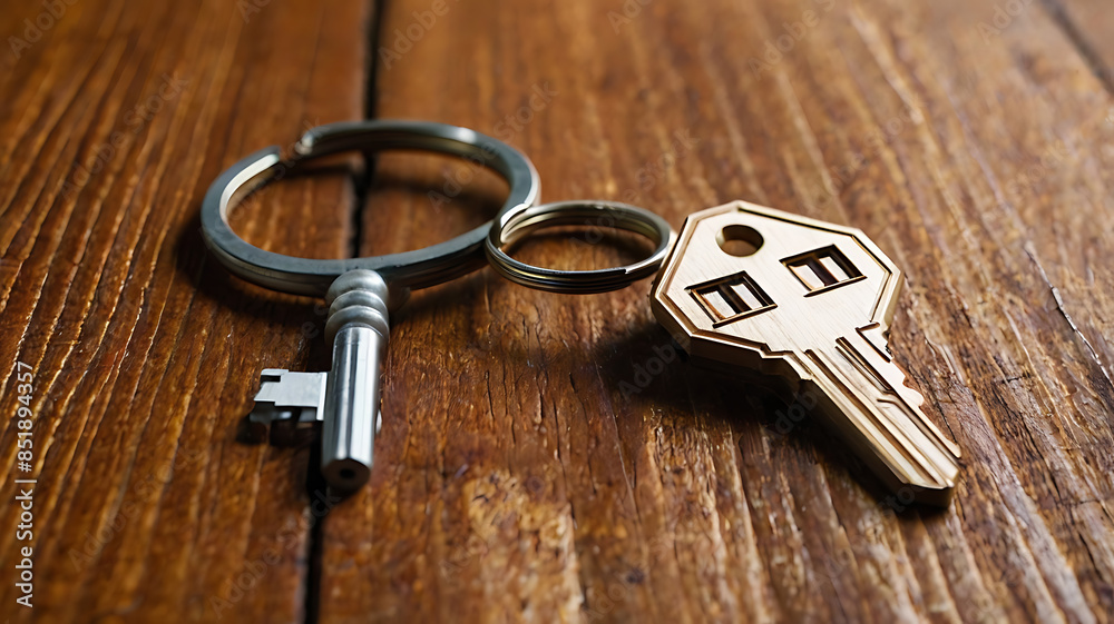 Key and Keychain on Wooden Table, Wooden Table with House Key and Keychain, Reliable Real Estate Agent Giving Key in Horizontal Photo Key and Keychain on Wooden Table, Wooden Table with House Key and Keychain, Reliable Real Estate Agent Giving Key in Horizontal Photo