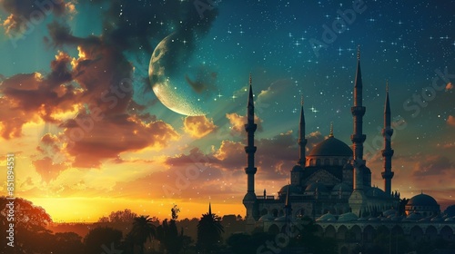 mosque with crescent moon background at afternoon with stars photo