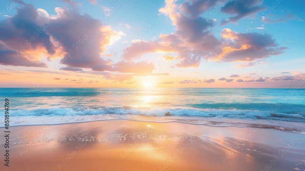 Obraz premium Serene beach at sunset with golden sand and vibrant hues reflecting on the calm ocean, creating a tranquil and picturesque scene