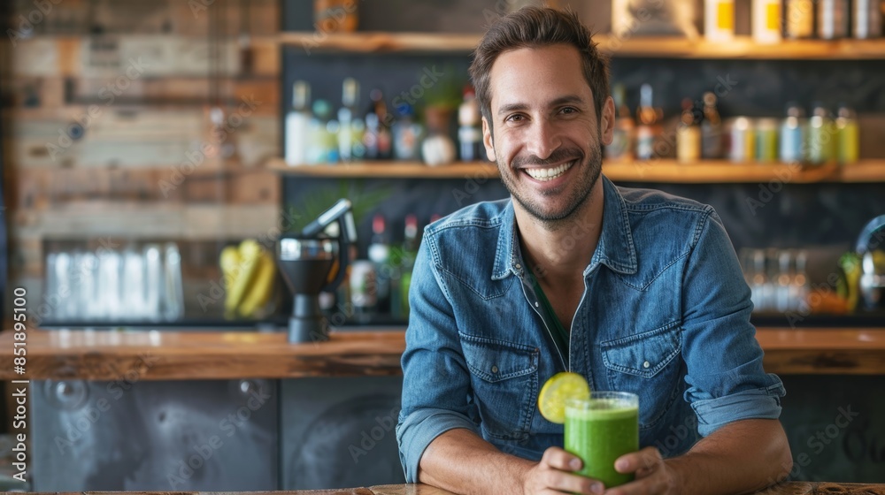 Fototapeta premium Handsome man enjoying a green smoothie at a rustic bar environment