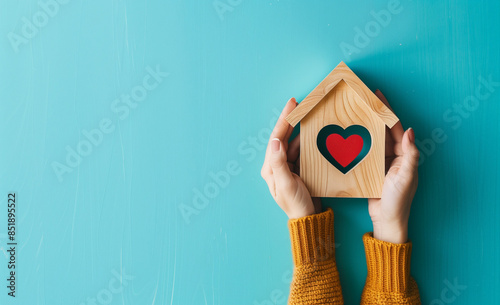 Mani che tengono una casetta piccola di legno. Amore e cura per la casa. photo