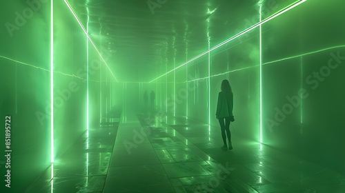 A person standing in a futuristic room with green lighting, creating a neon atmosphere. © Zain