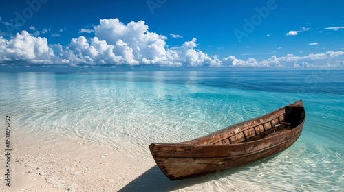 A serene image of a wooden boat on white sandy beach with turquoise water and fluffy clouds in a clear blue sky