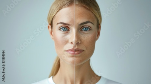 Half-face comparison of woman's face showing before and after skin treatment photo