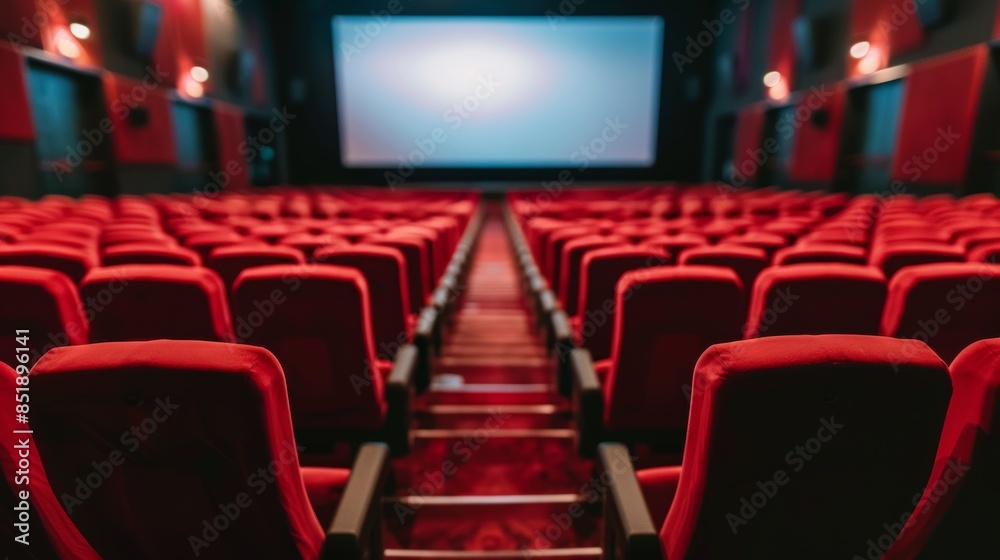 A perspective view of an empty cinema theater with rows of red seats and a blank screen awaiting a movie A perspective view of an empty cinema theater with rows of red seats and a blank screen awaiting a movie