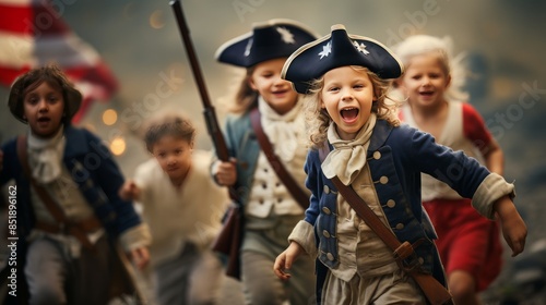 Joyful children dressed in colonial costumes reenacting a historical scene with enthusiasm and laughter, holding a flag and props.