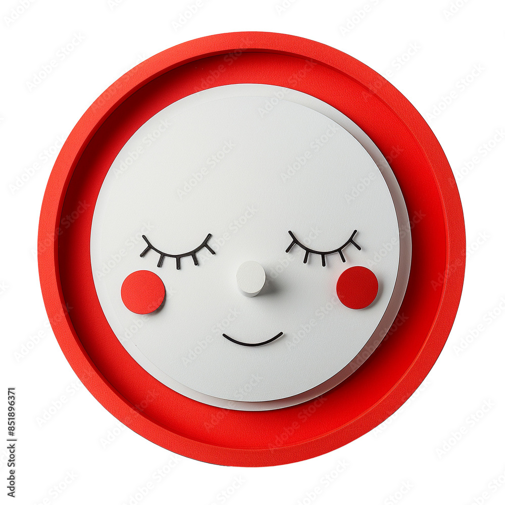 Minimalist round sign with closed eyes, red cheeks, and white face on a red background. Modern, simple, cute, and appealing decor. Minimalist round sign with closed eyes, red cheeks, and white face on a red background. Modern, simple, cute, and appealing decor.
