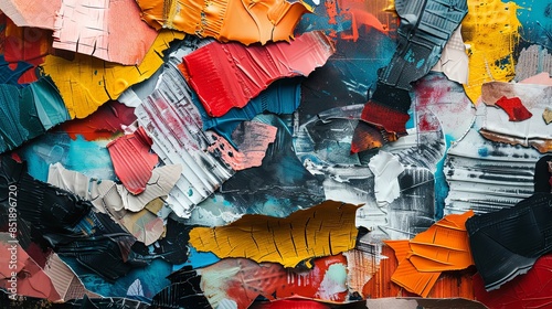 A dynamic background of mixed textures like fabric, paper, and paint in a collage-style arrangement photo