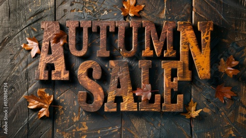A close-up of the words Autumn Sale spelled out with rustic wooden letters, surrounded by fall leaves on a dark wooden background