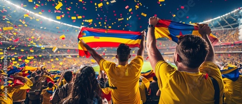 Romania football soccer fans in a stadium supporting the national team wearing yellow shirt, supporting , cheering and rising Romania national flag in european football league © AriyaniAI