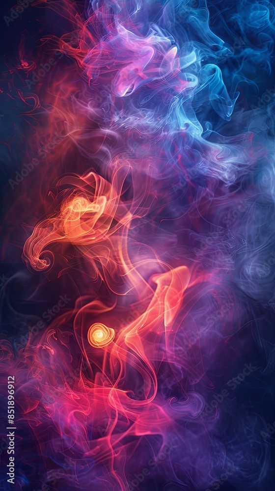 Fototapeta premium A dynamic background of swirling colored smoke in vivid reds, blues, and purples on a black backdrop