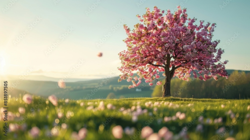 Naklejka premium Picturesque cherry tree in a sunny meadow, with pink blossoms contrasting against the green grass and a clear sky