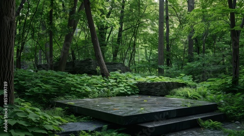 Tranquil forest space with a significant stone platform, encased in vibrant green foliage and softly illuminated by natural light