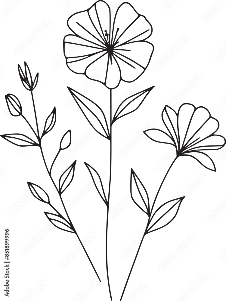 This is an illustration of flowers in a simple and modern line art style. The image features various types of flowers with different shapes and sizes, each with unique petal and leaf details. This is an illustration of flowers in a simple and modern line art style. The image features various types of flowers with different shapes and sizes, each with unique petal and leaf details.