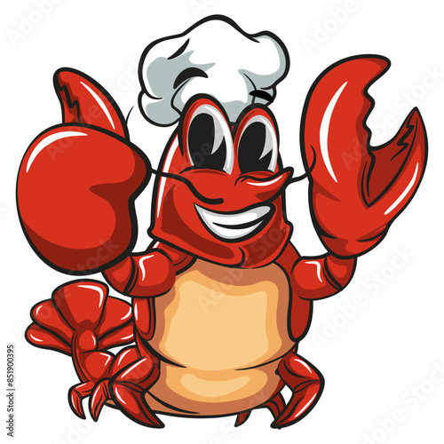 cute lobster vector mascot illustration logo giving thumbs up in chef hat, work of hand drawn