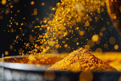 Close-Up of Vibrant Turmeric Powder Being Poured photo