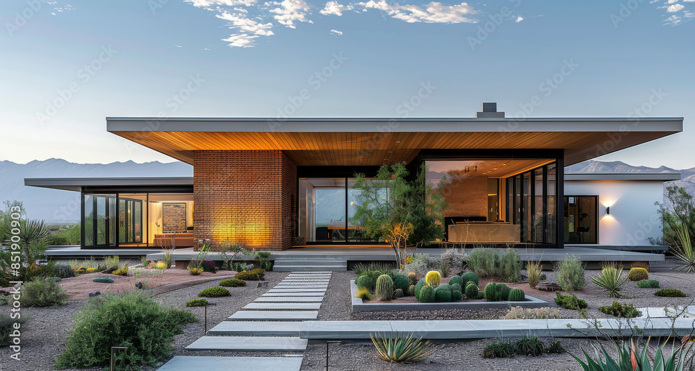 A single story modern home with brick cladding, loosely inspired by desert architecture. Generative AI. A single story modern home with brick cladding, loosely inspired by desert architecture. Generative AI.