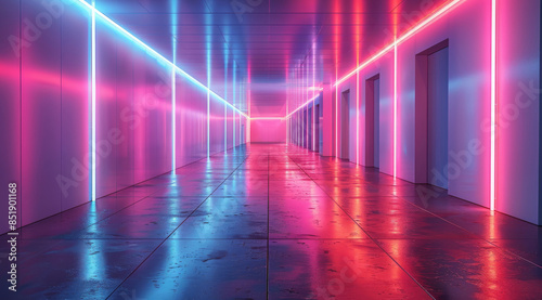 Neon lights, Architecture, modern, simple, museum wall. Generative AI. © visoot