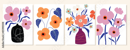 Abstract summer collection with floral posters, decorative wallpaper, modern design