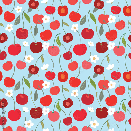 Summer seamless pattern with cherries and flowers, fresh fruits background, vector design