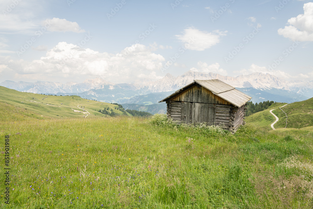 Beautiful summer view on alpine meadow with a wooden barn near the Peitlerkofel mountain. ( Sass de Putia) Idyllic scenery, Alpine meadow in the foreground, rocky Italian mountains in the background. Beautiful summer view on alpine meadow with a wooden barn near the Peitlerkofel mountain. ( Sass de Putia) Idyllic scenery, Alpine meadow in the foreground, rocky Italian mountains in the background.