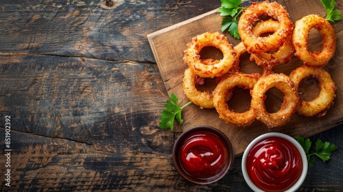 Homemade Crispy Deep-Fried Onion Rings with Ketchup on a rustic wooden board, top view. flat lay. Space for text.