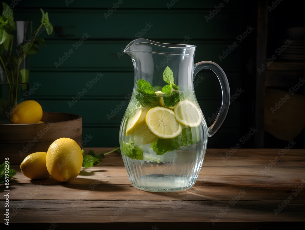 Fototapeta premium Fruit water in a glass pitcher flavored with lemon, lime, cucumber, and mint 