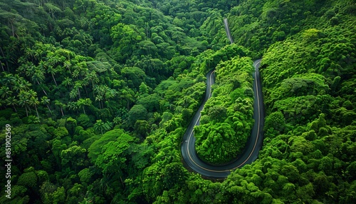 winding road through verdant rainforest during rainy season. Lush greenery enhanced by gentle rain