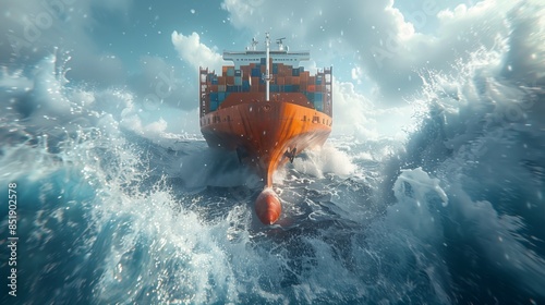 Cargo ship navigating through rough seas