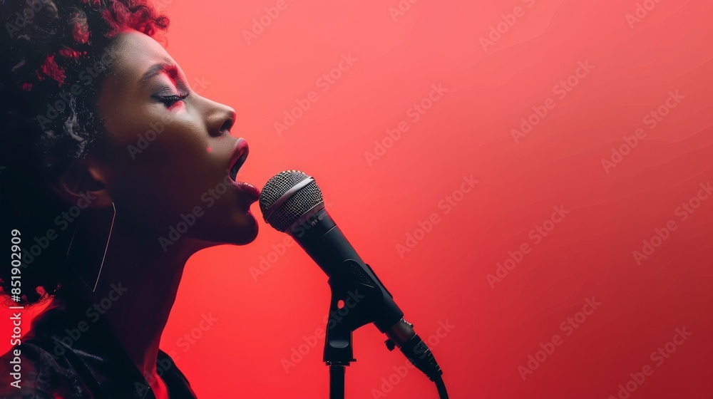 A young woman sings into a microphone with a powerful, soulful expression A young woman sings into a microphone with a powerful, soulful expression