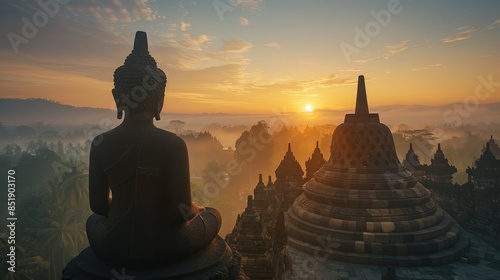 A serene Buddha statue overlooks a temple complex at sunrise, with misty mountains in the background. photo