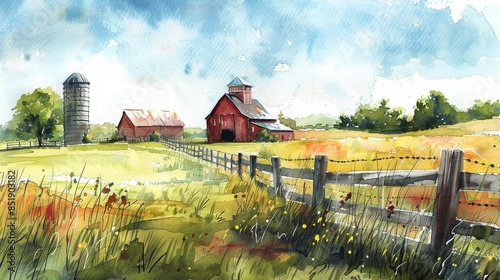 Fototapeta Naklejka Na Ścianę i Meble -  Beautiful watercolor painting of rural scenic view with farm house