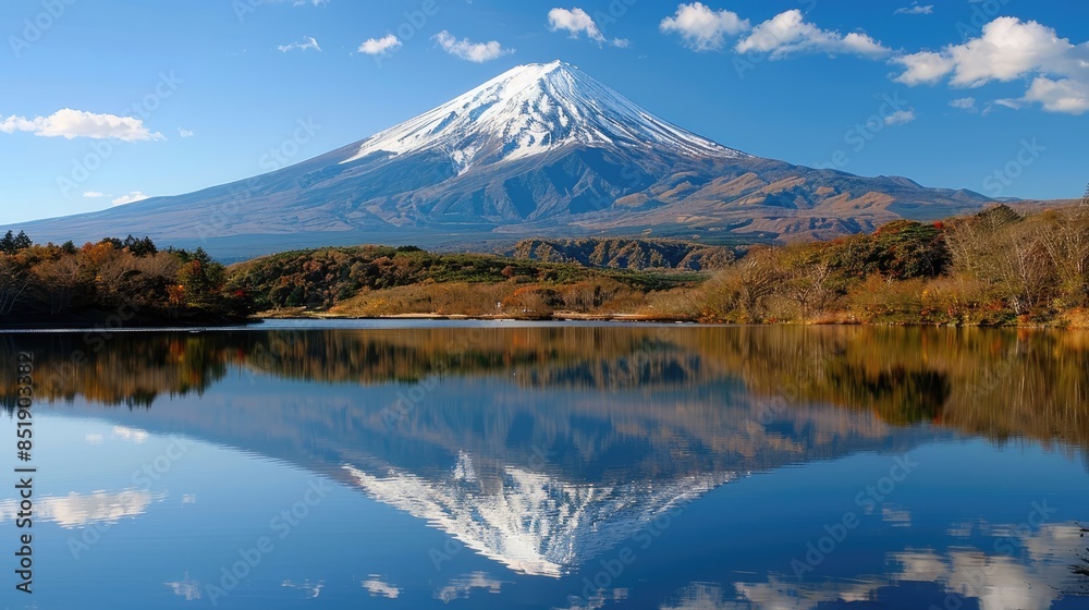 A serene mountain lake reflecting the snow-capped peak of Mount Fuji under a bright blue sky. A serene mountain lake reflecting the snow-capped peak of Mount Fuji under a bright blue sky.