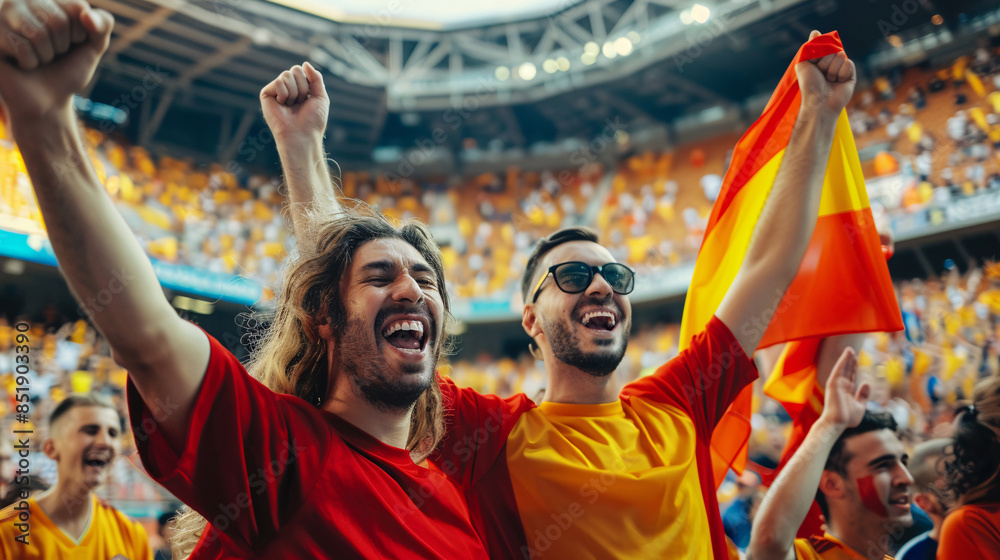 Spain football supporter fans cheering with confetti watching soccer match event at stadium - Young people group with red and yellow t-shirts having excited fun on sport european championship concept Spain football supporter fans cheering with confetti watching soccer match event at stadium - Young people group with red and yellow t-shirts having excited fun on sport european championship concept