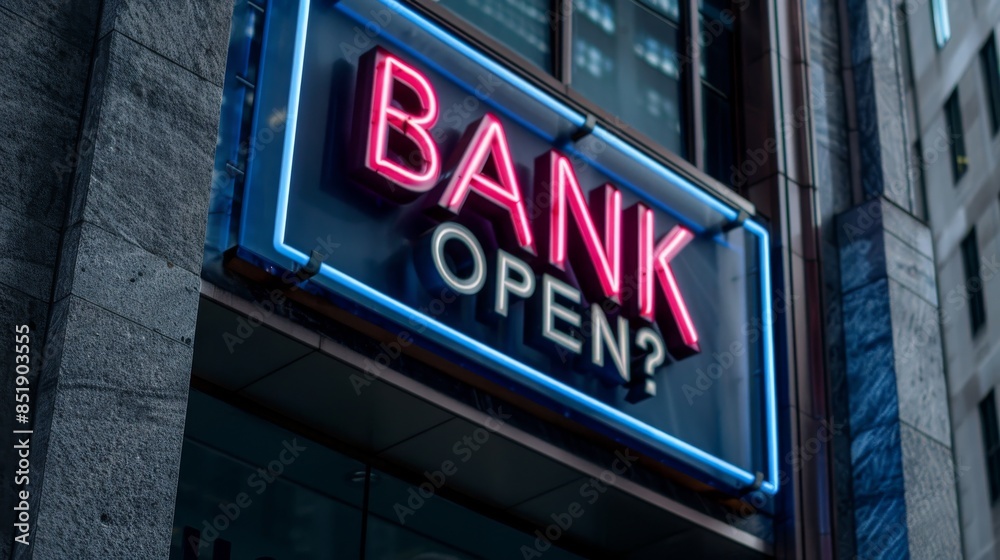 Modern bank building with glass facade and neon Modern bank building with glass facade and neon