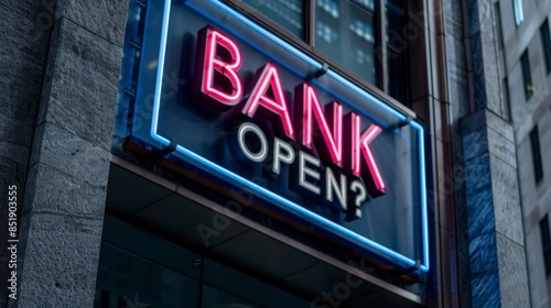 Modern bank building with glass facade and neon "OPEN?". Modern bank building features a striking glass facade and neon "OPEN?" sign.