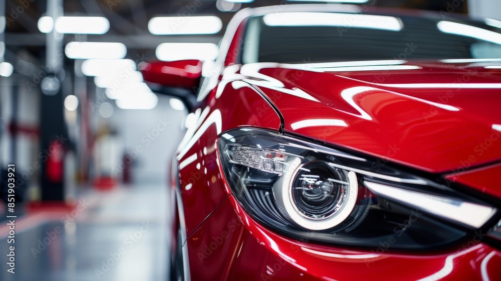 Close-up of red car headlight, reflecting lights of detail shop Close-up of red car headlight, reflecting lights of detail shop
