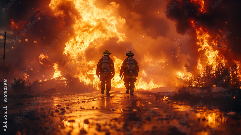 Fototapeta premium Firefighters facing large fire