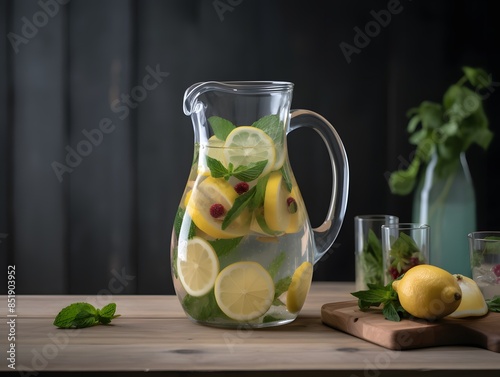 Fruit water in a glass pitcher flavored with lemon, lime, cucumber, and mint 