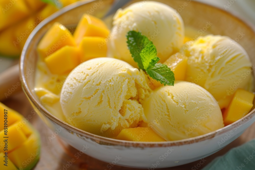 Creamy Mango and Vanilla Ice Cream with Fresh Mango Slices and Mint Garnish