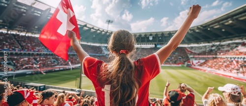 Switzerland football soccer fans in a stadium supporting the national team wearing red shirt, supporting , cheering and rising Switzerland national flag in european football league