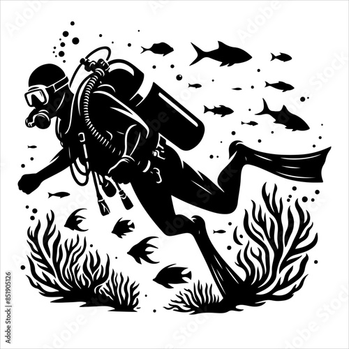 Scuba and snorkeling vector silhouettes Diving, diver silhouettes, Scuba diver with underwater equipment vector