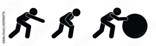 man rolls a ball, icon, set of human silhouettes, stick figure people