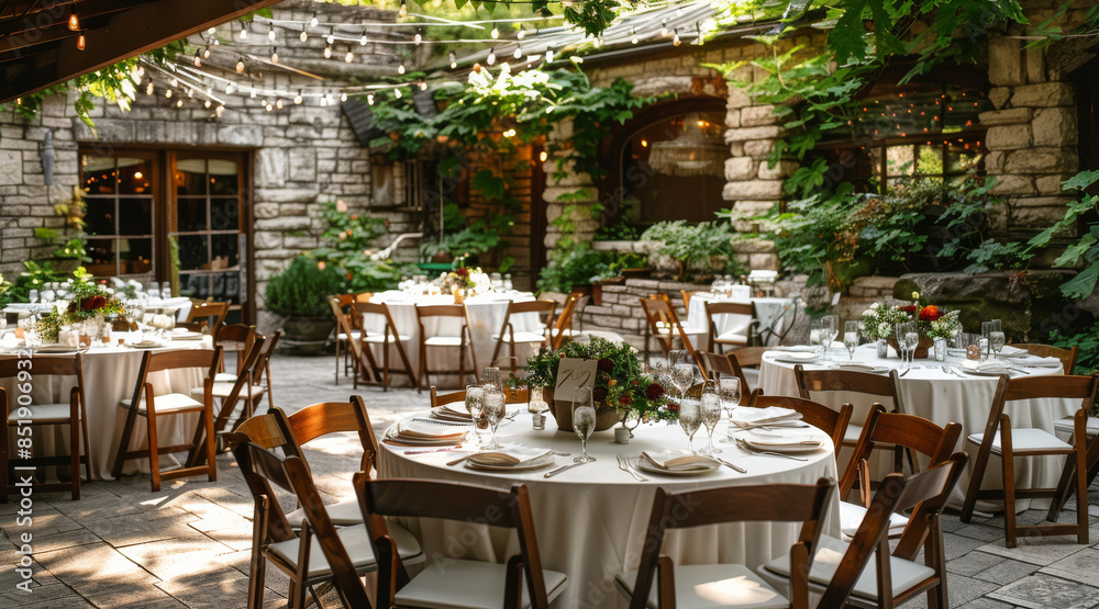 Obraz premium An outdoor wedding venue with color white table linens, wooden chairs around round tables set for the reception, surrounded by lush greenery in front of stone walls. Generative AI.