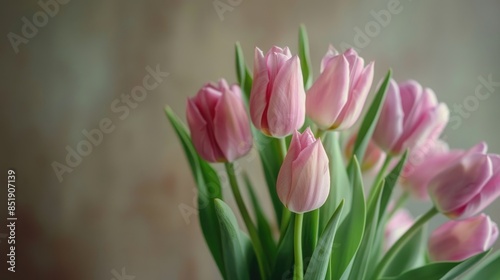 Pink tulips arranged in a vase indoors with room for text